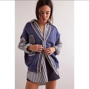 Free People We The Free Ivy Vest Blue Embroidered V Neck Striped Top L